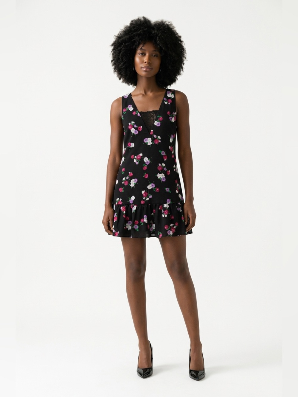 Express Black Floral Mini Dress with Pink & Lavender Blooms